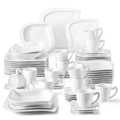 MALACASA, Serie Elvira, 60 Tlg. Cremeweiß Porzellan Geschirrset Kombiservice Tafelservice Mit Tassen, Untertassen, Dessertteller, Suppenteller Und Flachteller Für 12 Person