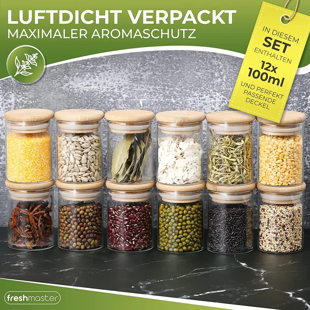 freshmaster Gewürzgläser Set Aufbewahrung Gewürze I 12x 100ml Vorratsdosen Glas mit LongLife+ Dichtung und bruchsicherem Borosilikat Glas I Glasbehälter mit Deckel Gläser Gewürze Set spice jars Freshmaster Gewürzgläser Set Aufbewahrung Gewürze I 12x 100ml Vorratsdosen Glas Mit LongLife+ Dichtung Und Bruchsicherem Borosilikat Glas I Glasbehälter Mit Deckel Gläser Gewürze Set Spice Jars -kaufland verkäufe 4c70e61e7992edaf8ec63dd3cbb3adc8