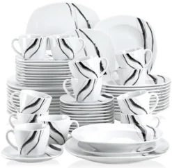 VEWEET Tafelservice 'Teresa' Aus Porzellan, 60-tlg Kombiservice Mit Kaffeetassen 175 Ml, Untertasse, Dessertteller, Speiseteller Und Suppenteller, Komplettservice Für 12 Personen