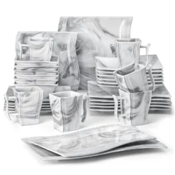 MALACASA, Serie Flora, 32 Tlg. Marmor Porzellan Geschirrset Kombiservice Tafelservice Mit 6 Schalen, 6 Dessertteller, 6 Suppenteller, 6 Speiseteller, 6 Becher Und 2 Rechteckige Servierplatte