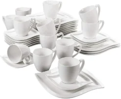MALACASA, Serie Elvira, 36 Teilig Cremeweiß Porzellan Geschirrset Tafelservice Kaffeeservice Mit Tassen, Untertassen, Dessertteller Für 12 Person