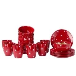 Emily 18tlg Frühstücksset 6 Personen Rot Weiße Punkte Teller Kaffeebecher Schalen Geschirrset